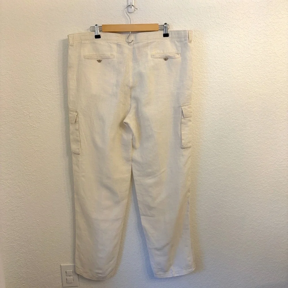 Tommy Bahama Linen Cargo Pants Men L 38 Cream Drawstring Relaxed Straight Safari